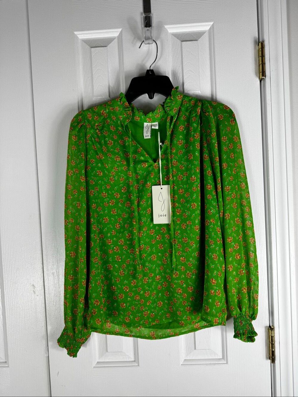 NWT Joie Womens Bright Green Pink Tan Floral Ruffles Collar Blouse Size XS